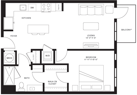 Floor plan for 1 bed, 1 bath, 722 sqft